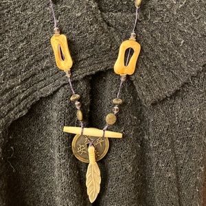 Renee Rayne Chinese Coin & Bone Feather Pendant Necklace